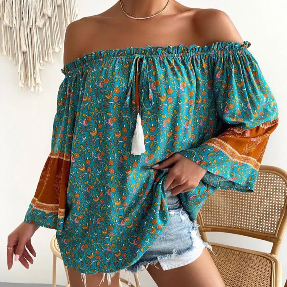 🍂 BOHO BLUE ORANGE FLORAL OFF SHOULDER LOOSE FIT TASSEL DETAIL TOP! - Picture 6 of 7